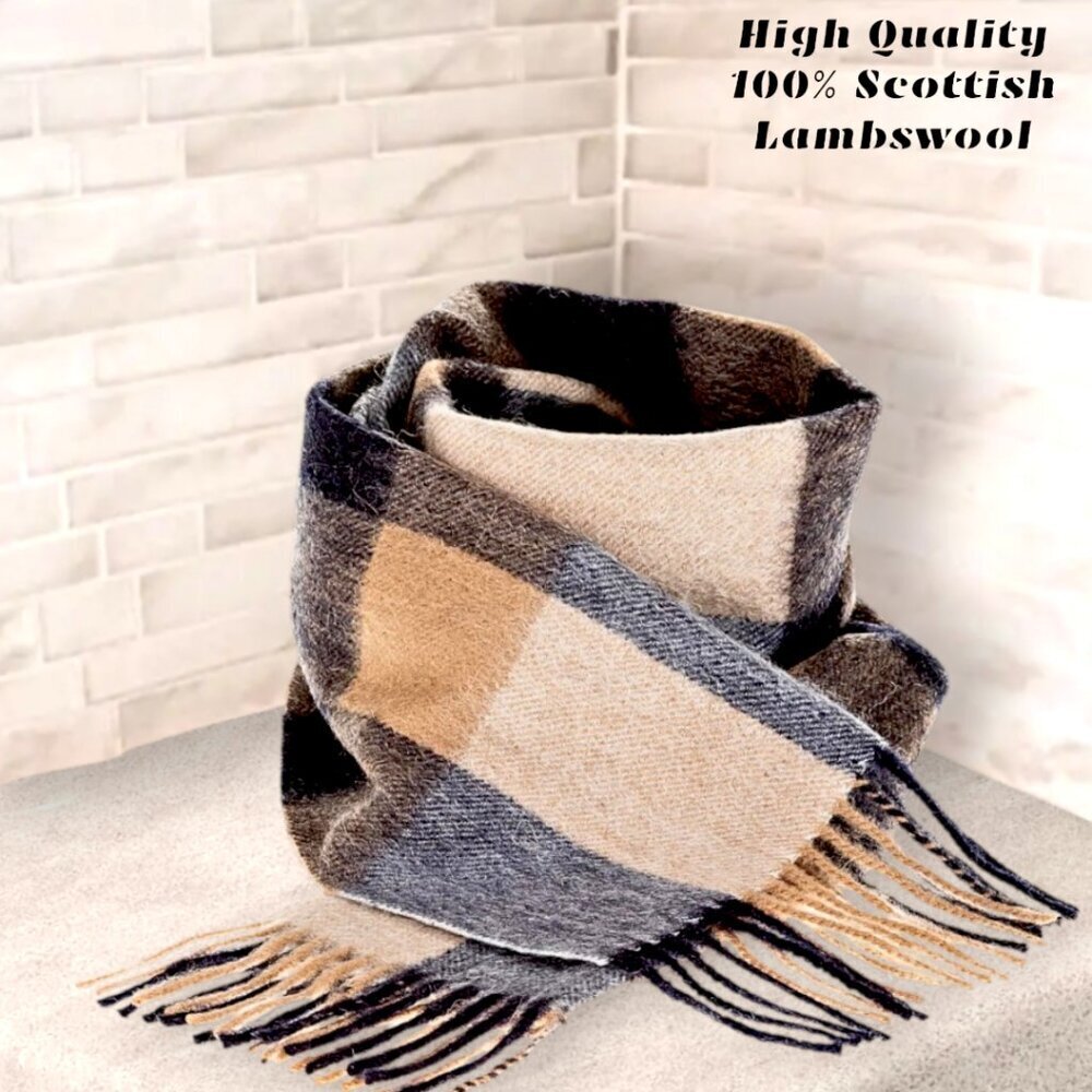 100% Lambswool HYPOALLERGENIC Scarf Soft Warm Navy Tan Ivory‎ NWT
